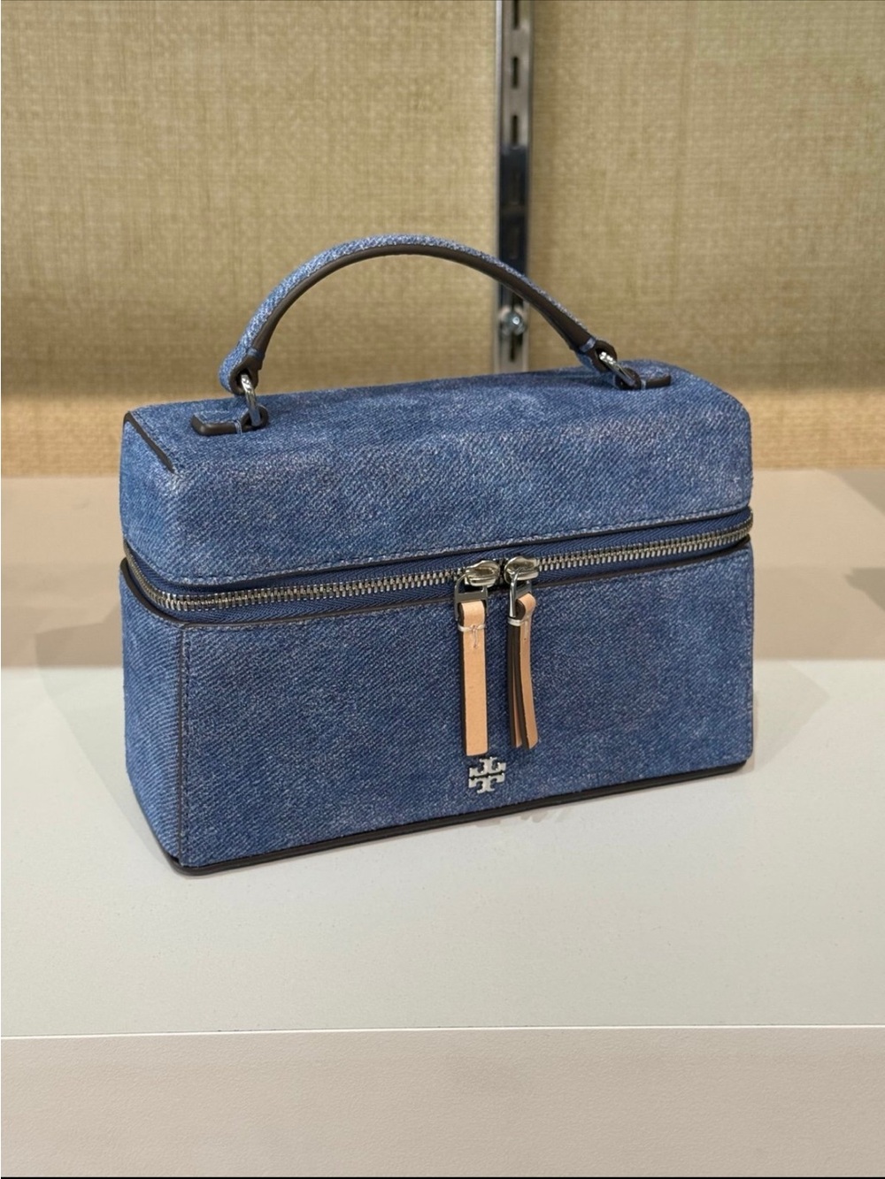 Tory Burch Denim Blue Top-Handle Toiletry Case with Tan Pulls